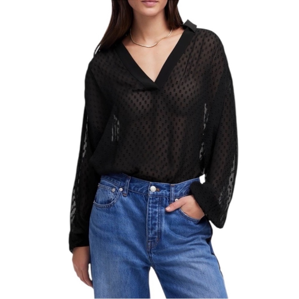 Madewell Long-Sleeve Sheer Clip Dot Popover Top in True Black